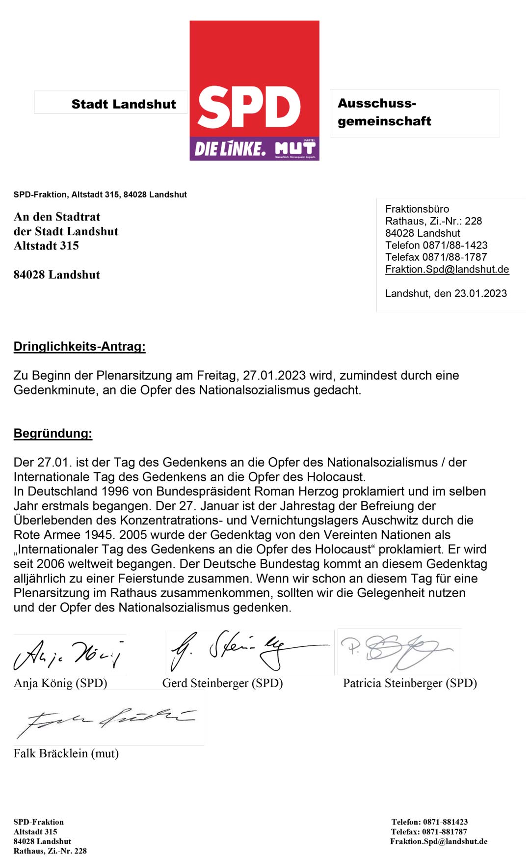 Dringlichkeitsantrag Gedenken an die Opfer des Nationalsozialismus (Ausschussgemeinschaft SPD, die Linke, mut)