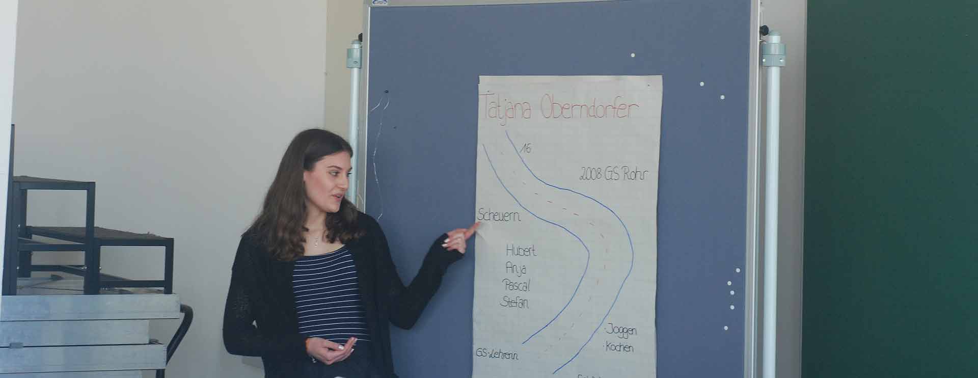 Schülerin Tatjana Oberndorfer präsentiert das Gruppenplakat unter Einhaltung bestimmter Regeln. (Foto: Florian Pollich)