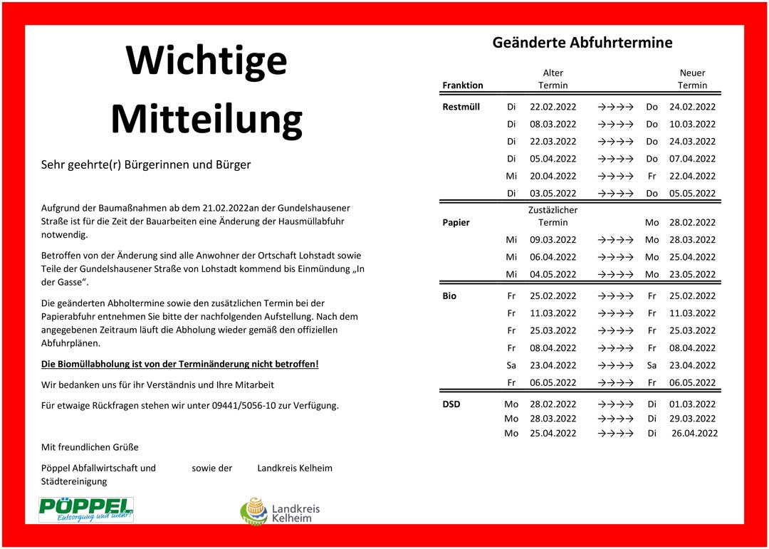 Terminänderung Lohstadt Müllabfuhr 2022 (Grafik: Landratsamt Kelheim/Pöppel)