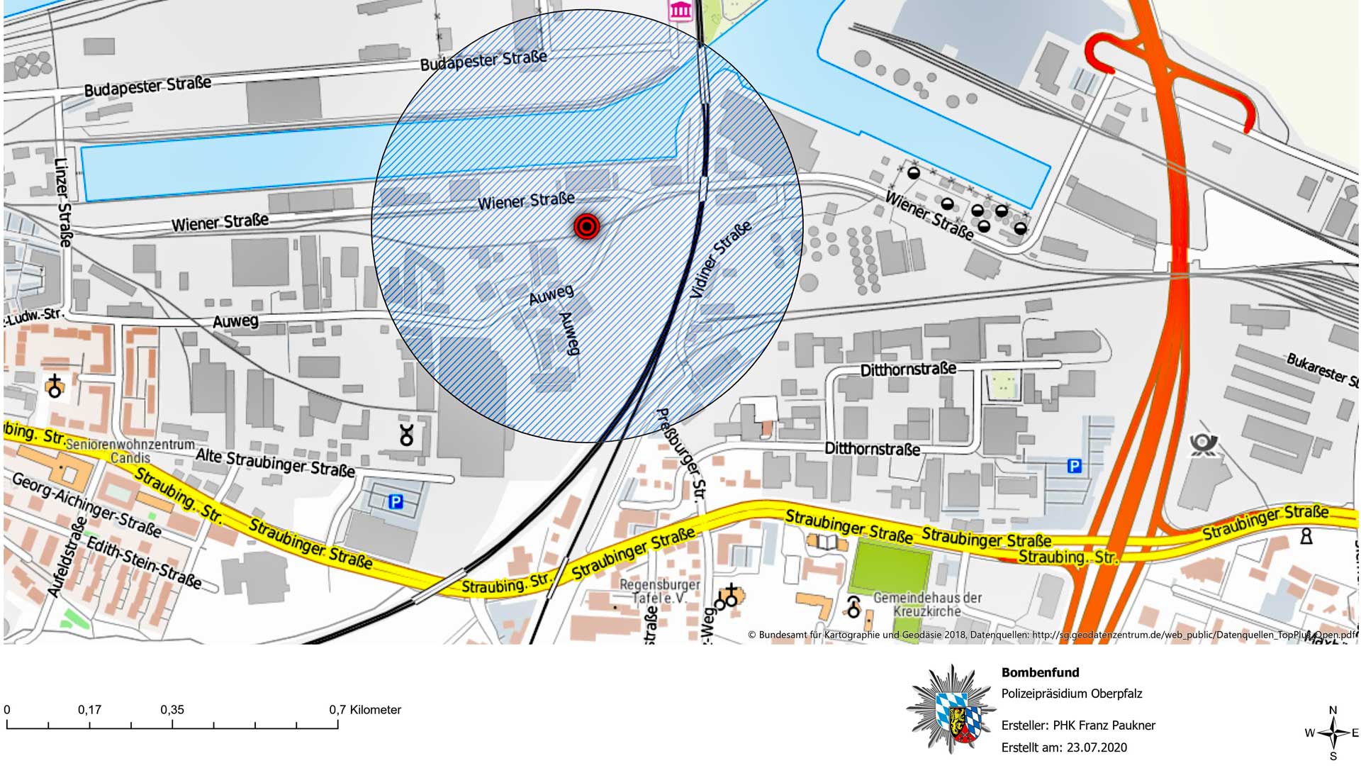 Bombenfund in der Wiener Straße - Bitte beachten Sie die den Bereich der Sperrung und vermeiden Sie, das Gelände zu befahren (Grafik: Polizeiinspektion Regensburg Süd)
