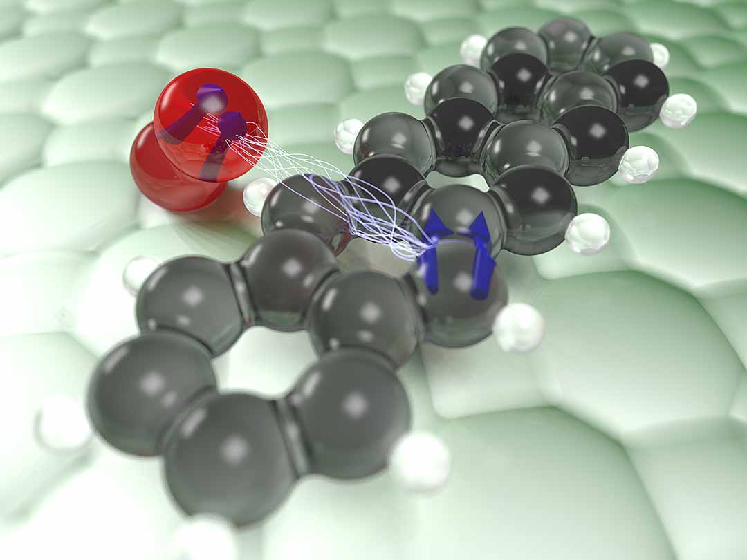 Die grafische Darstellung zeigt die Wechselwirkung zwischen dem Triplett-Zustand (blaue Pfeile) eines Pentacen-Moleküls (schwarz-weiß) und einem Sauerstoffmolekül (rot) (Grafik © Jascha Repp)