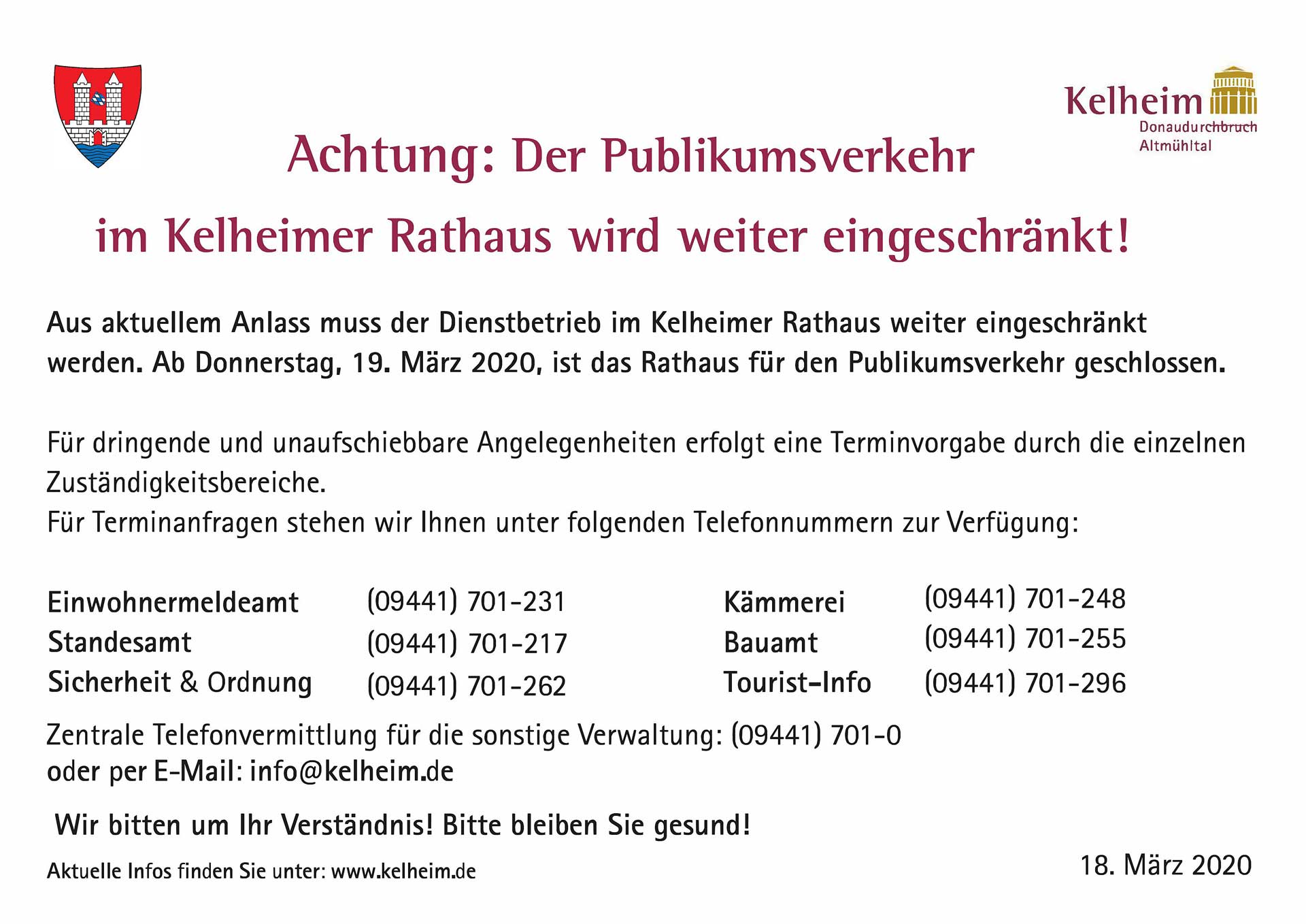 Der Aushang am Rathaus Kelheim (Grafik/Text: Stadt Kelheim)