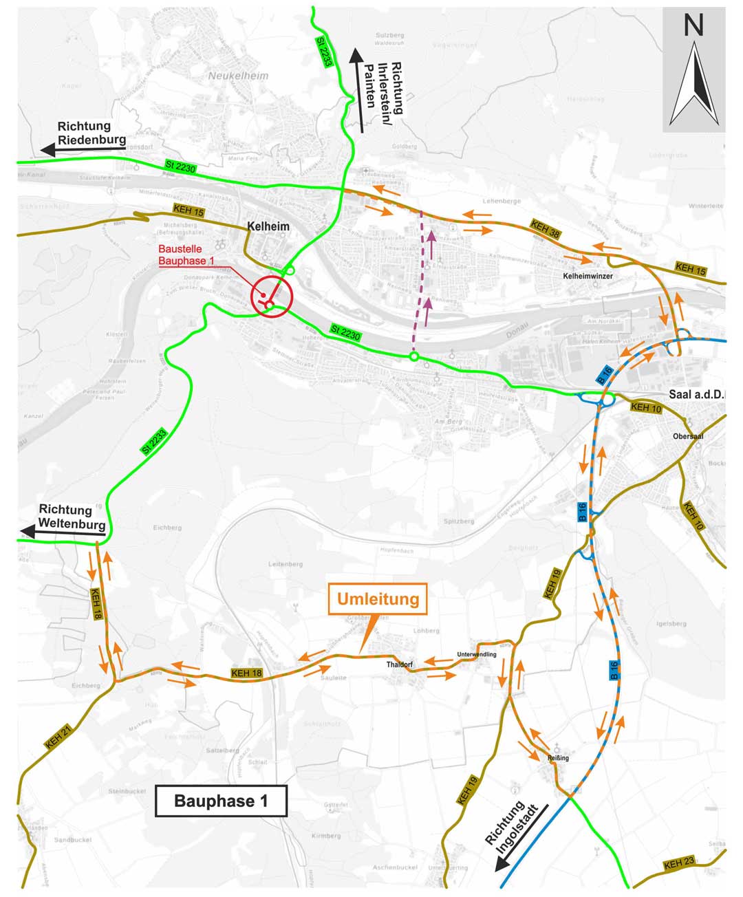 Regensburger Straße Kelheim, Umleitungsplan für die Bauphase 1 (Grafik: Tobias Stadler/Staatliches Bauamt Landshut)