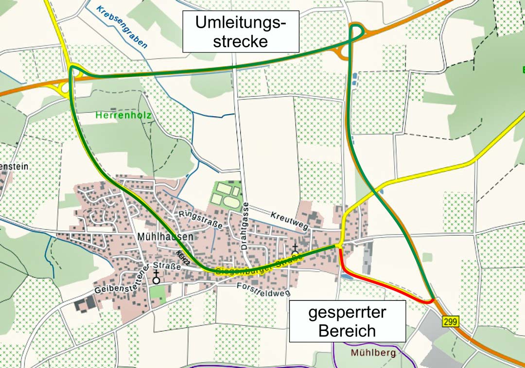 Die Umleitung erfolgt über die B 299, B 16 und die Kreisstraße KEH 22 nach Mühlhausen und umgekehrt. (Grafik/Foto: Dieter Menacher/Landratsamt Kelheim)