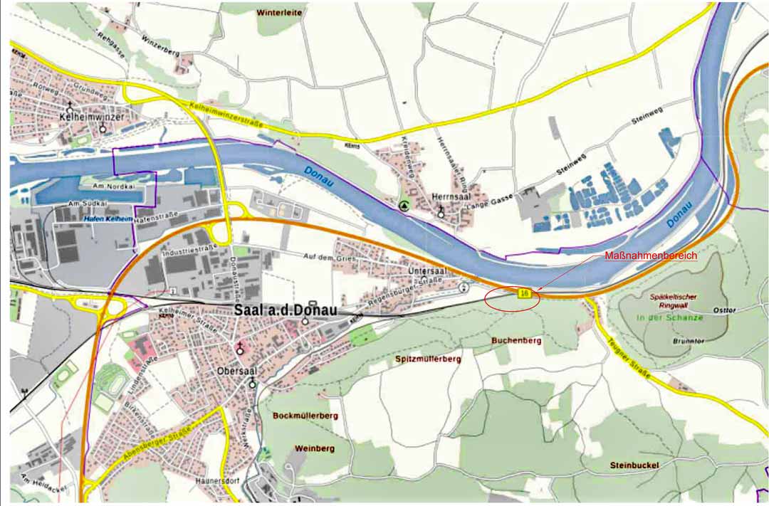 Straßenkarte zur Felssicherung an der B 16 (Grafik: Tobias Nagler/Staatliches Bauamt Landshut)