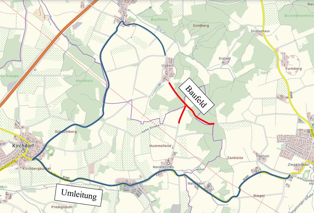 Umleitungsplan zur Straßensperrung Oberrohr-Ursbach (Grafik: Landratsamt Kelheim)